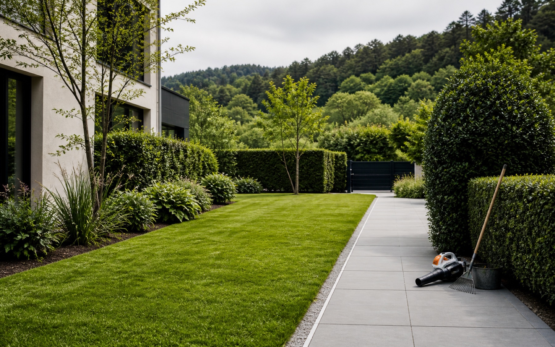 Gepflegter Garten mit Rasen, Hecken und Werkzeug bei einer Wohnanlage