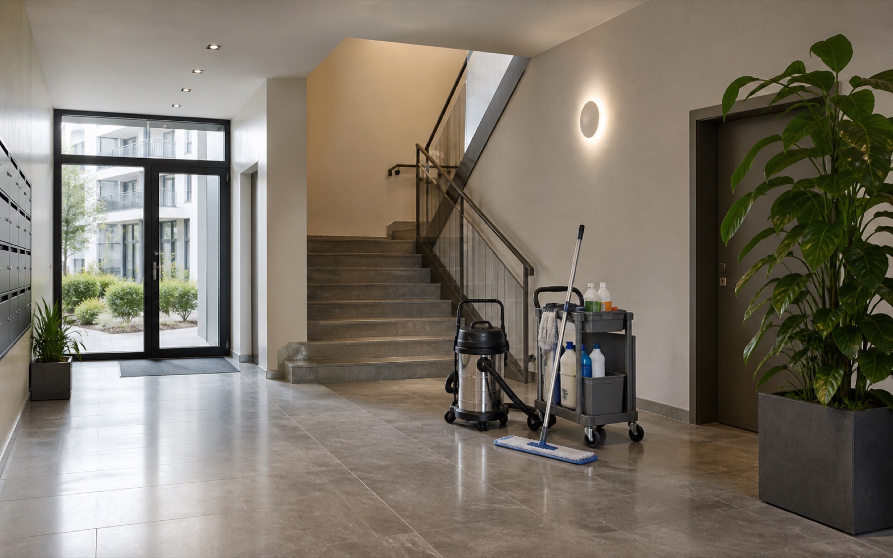 Gepflegtes Stiegenhaus mit Reinigungswagen in einer modernen Wohnanlage