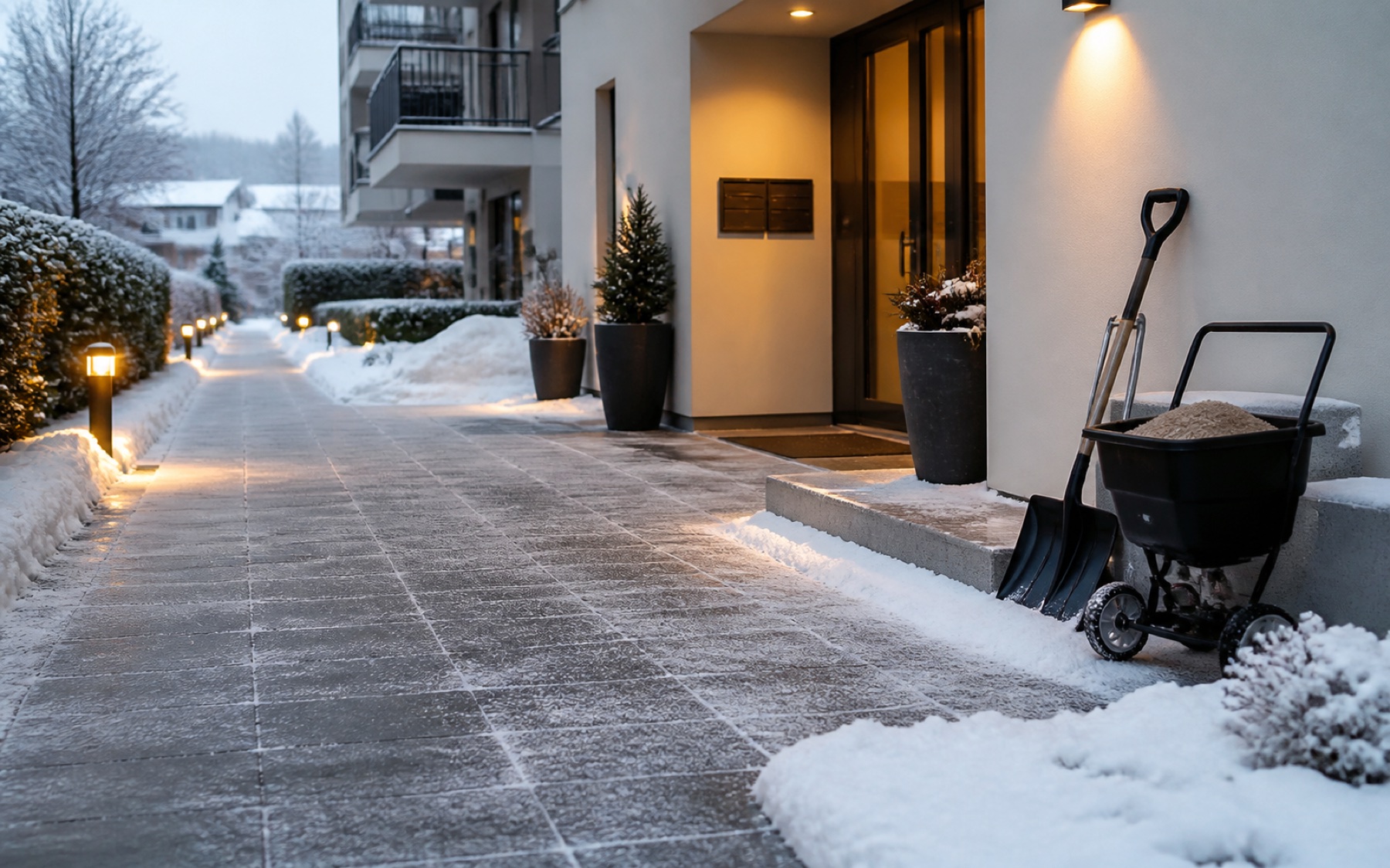 Geräumter Gehweg mit Streuwagen und Schneeschaufel vor einer Wohnanlage